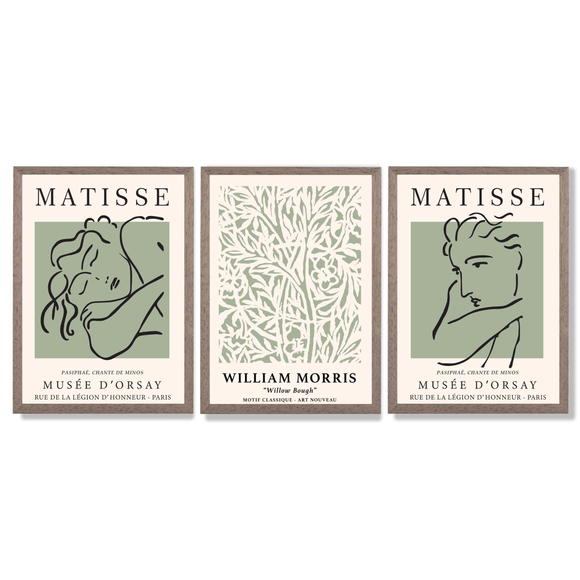 Modern Minimal Set of 3 Green Bedroom Framed Wall Art with Light Walnut Frames