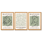 Modern Minimal Set of 3 Green Bedroom Framed Wall Art with Oak Wooden Frames