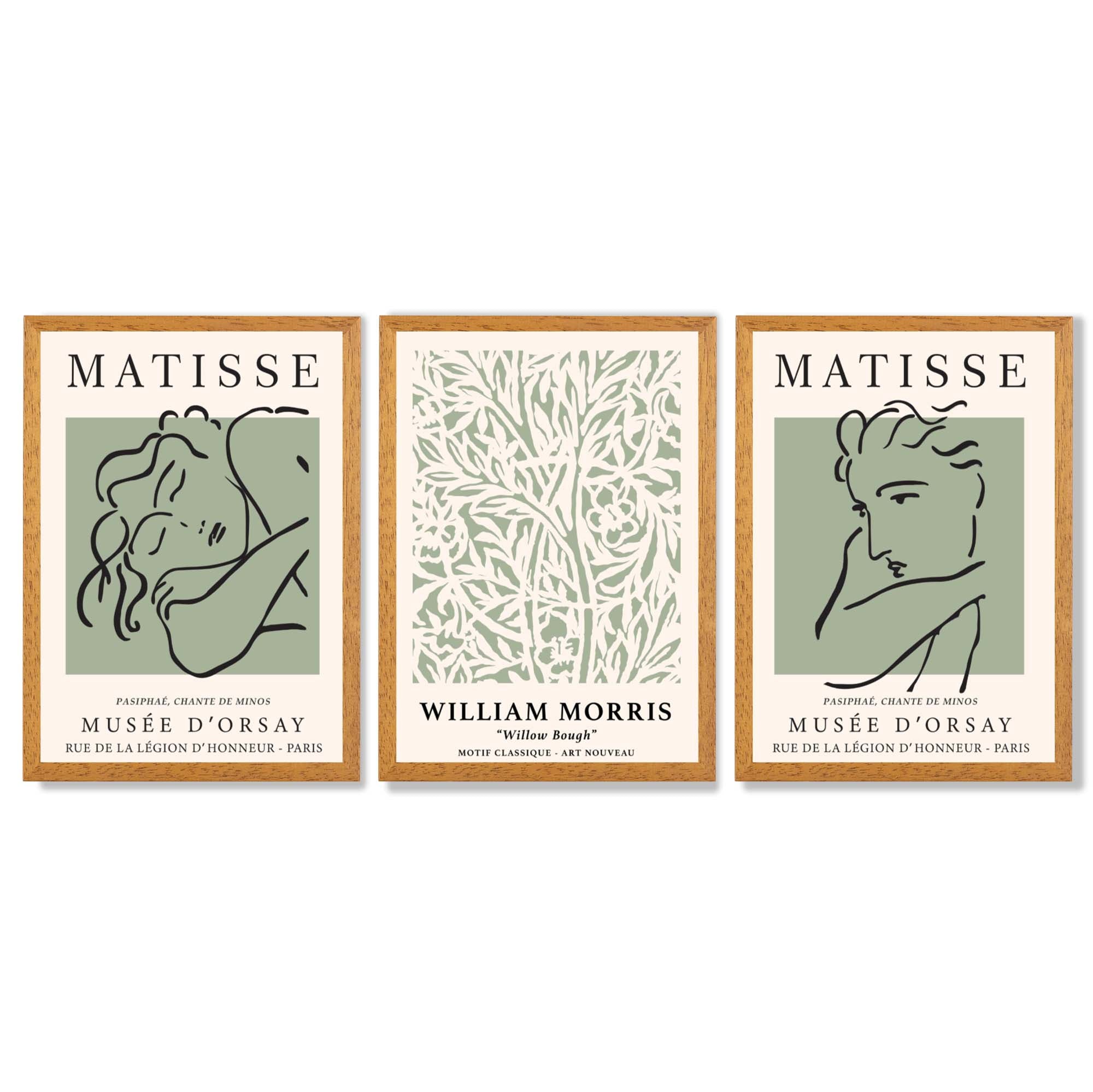 Modern Minimal Set of 3 Green Bedroom Framed Wall Art with Oak Wooden Frames