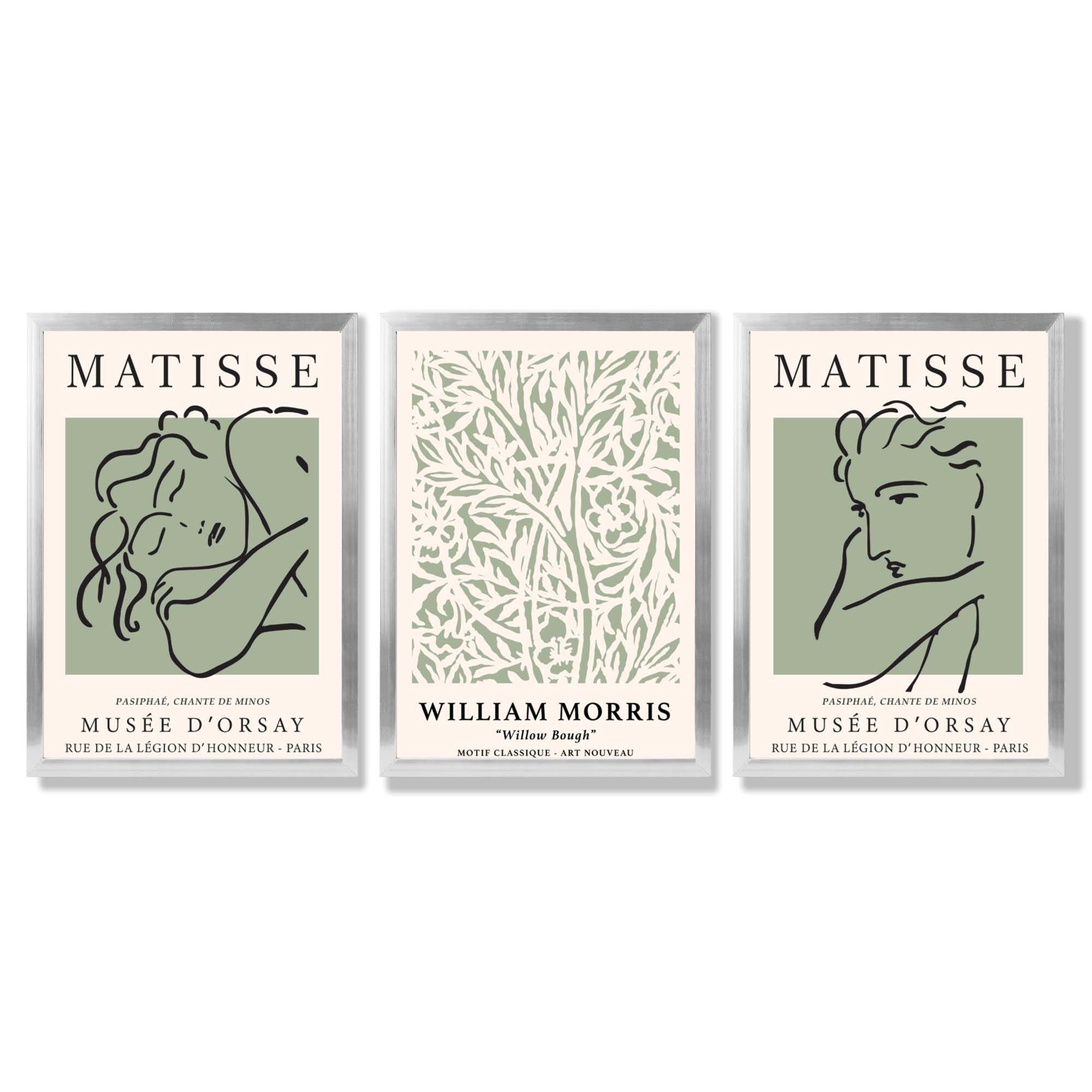 Modern Minimal Set of 3 Green Bedroom Framed Wall Art with Silver Wood Frames