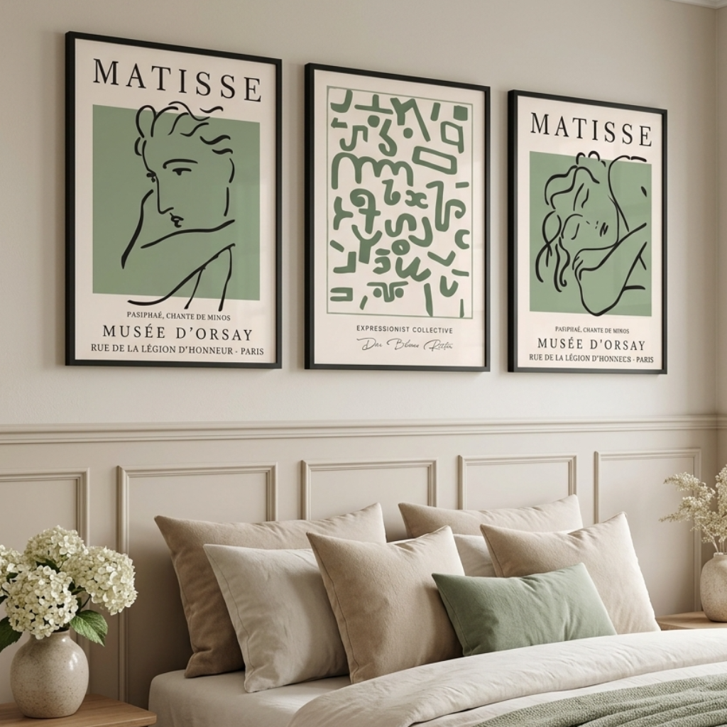 Three framed Matisse art prints hang on a beige wall above a bed with beige and sage green bedding in a styled bedroom setting.