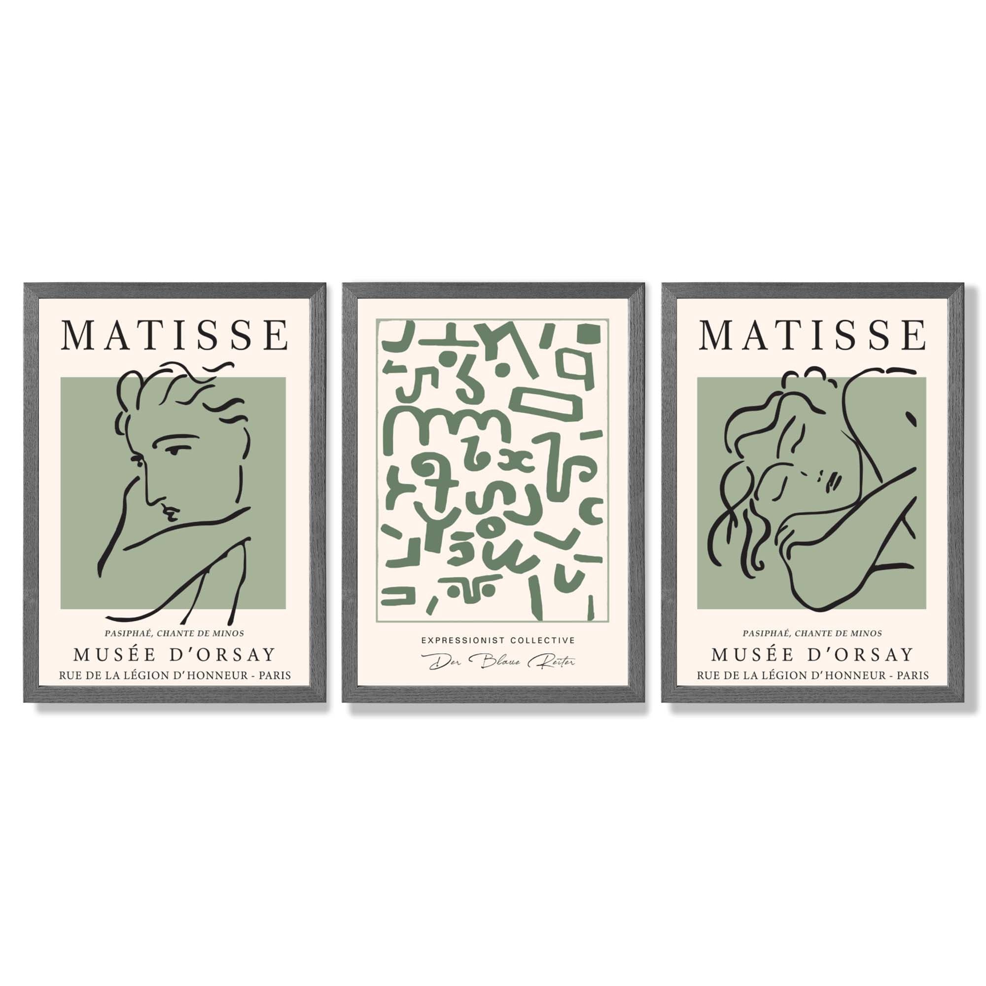 Modern Minimal  Set of 3 Green Abstract Framed Wall Art with Dark Grey Wooden Frames