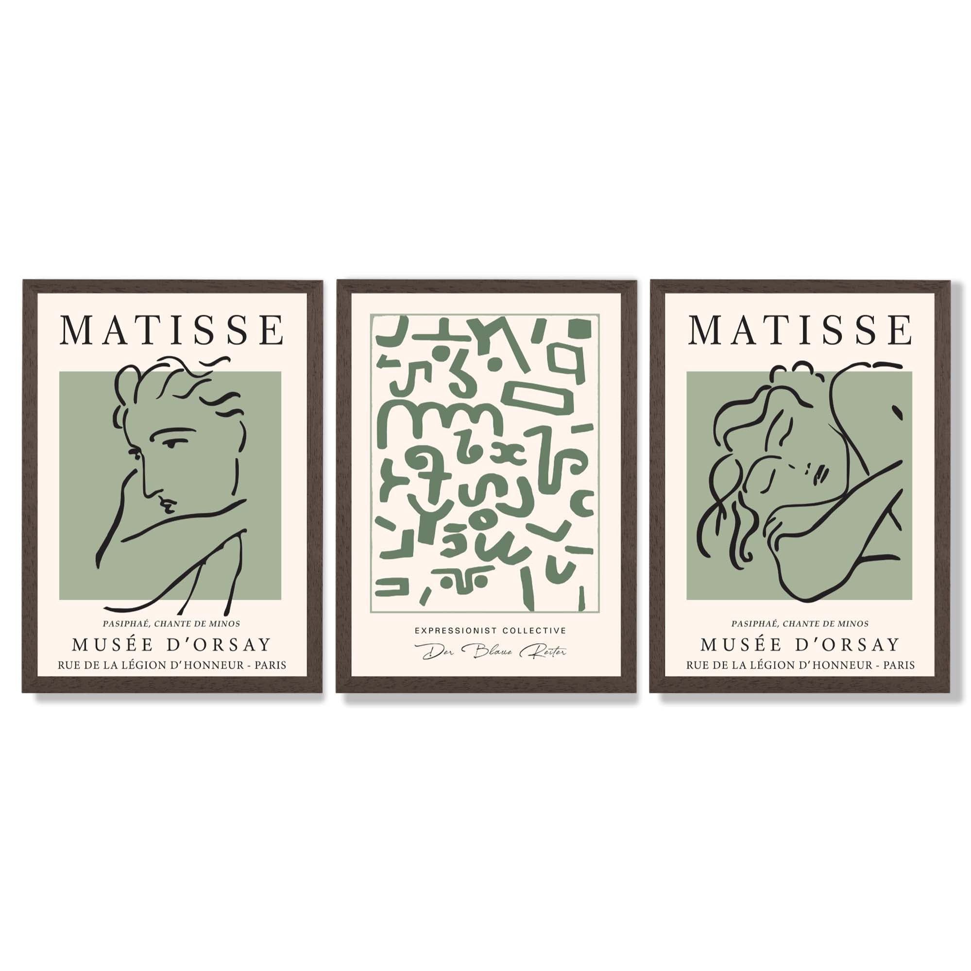 Modern Minimal  Set of 3 Green Abstract Framed Wall Art with Dark Wood Frames