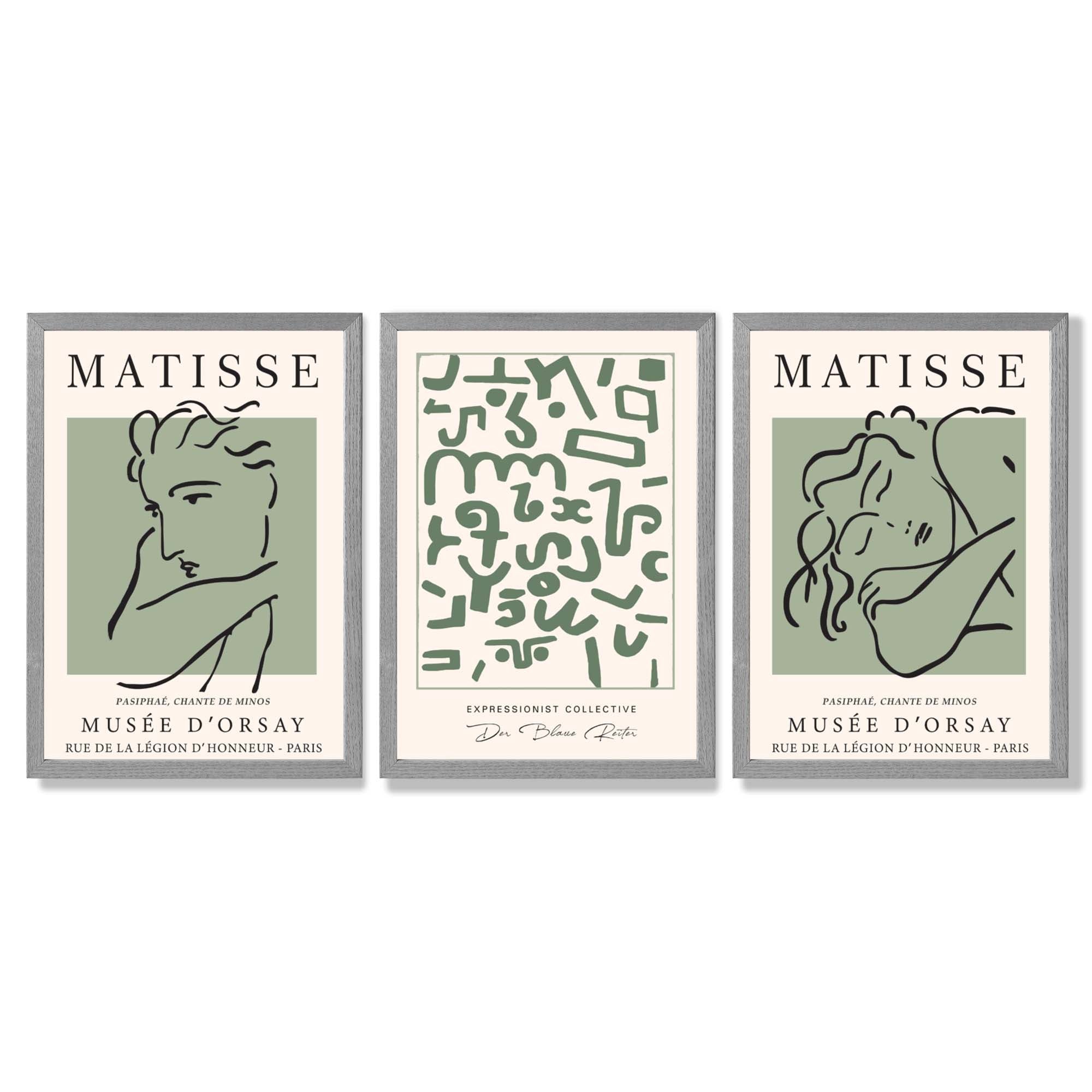 Modern Minimal  Set of 3 Green Abstract Framed Wall Art with Light Grey Wooden Frames