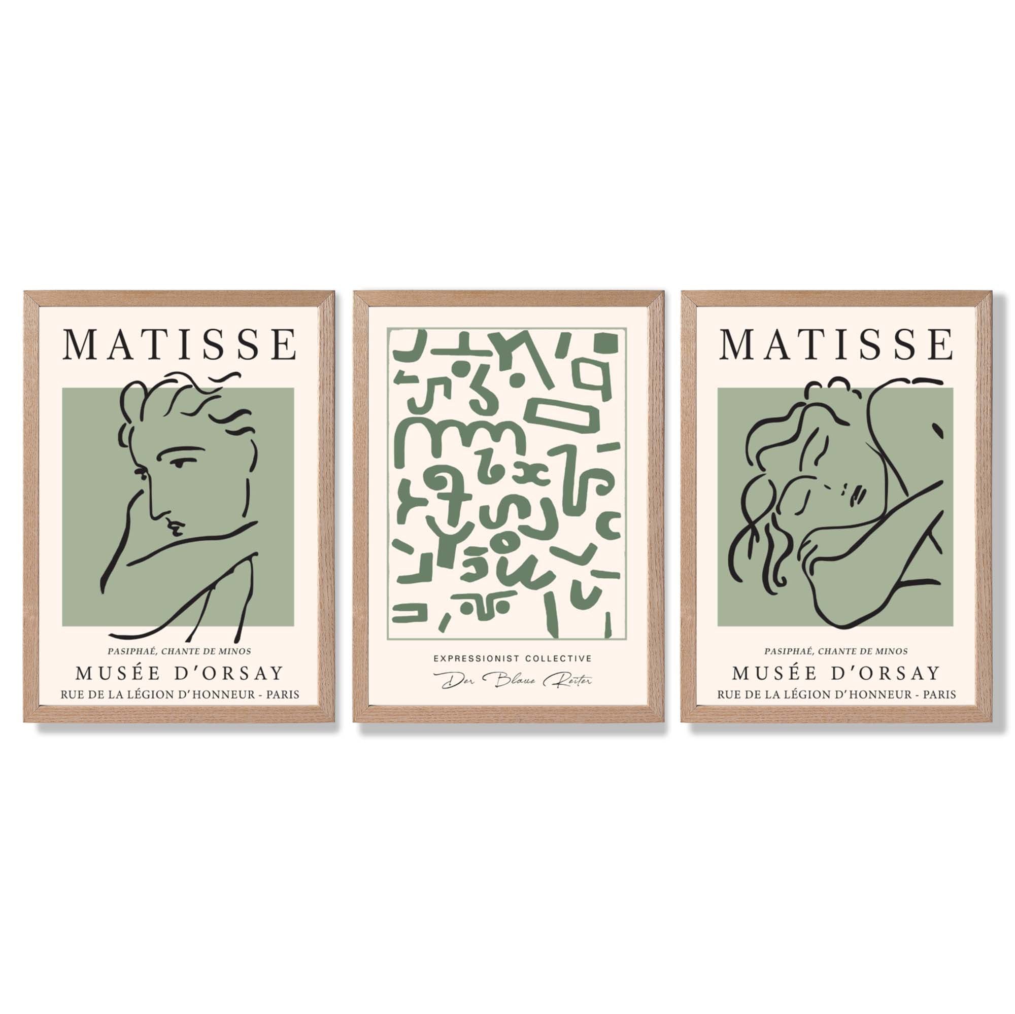 Modern Minimal  Set of 3 Green Abstract Framed Wall Art with Light Oak Frames