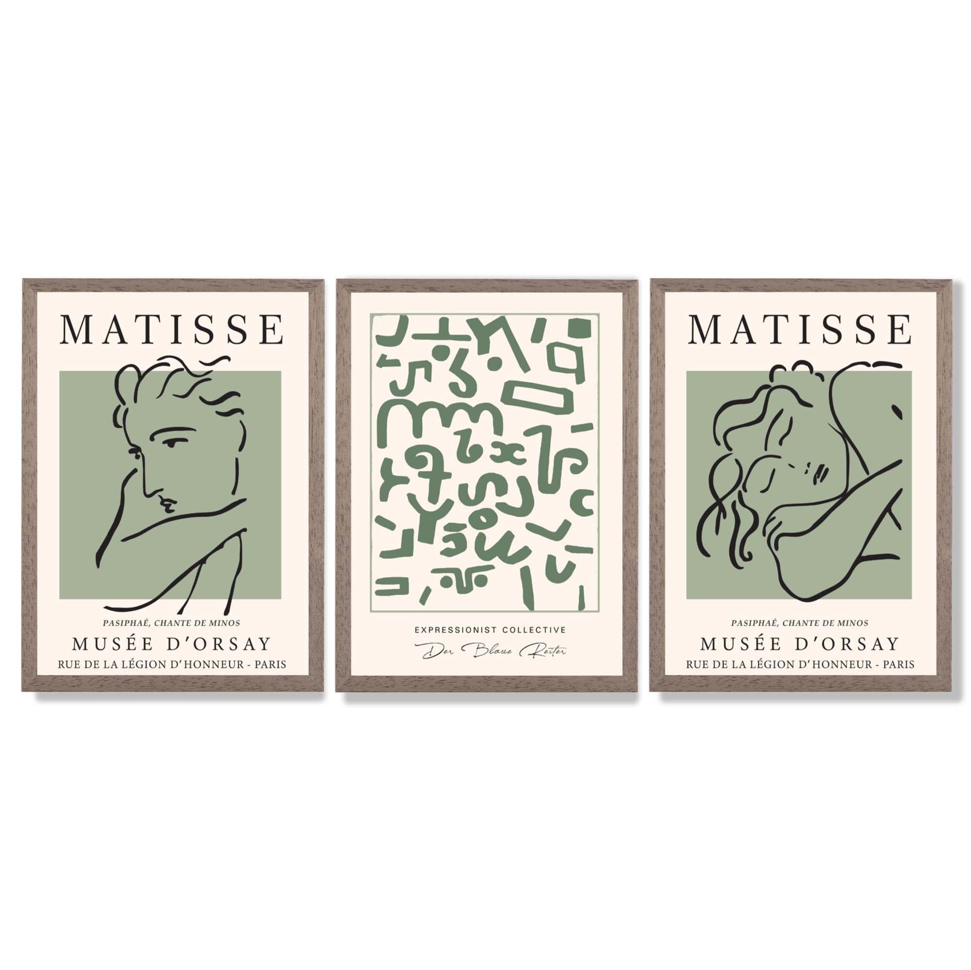 Modern Minimal  Set of 3 Green Abstract Framed Wall Art with Light Walnut Frames
