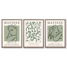 Modern Minimal  Set of 3 Green Abstract Framed Wall Art with Light Walnut Frames