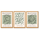 Modern Minimal  Set of 3 Green Abstract Framed Wall Art with Oak Wooden Frames