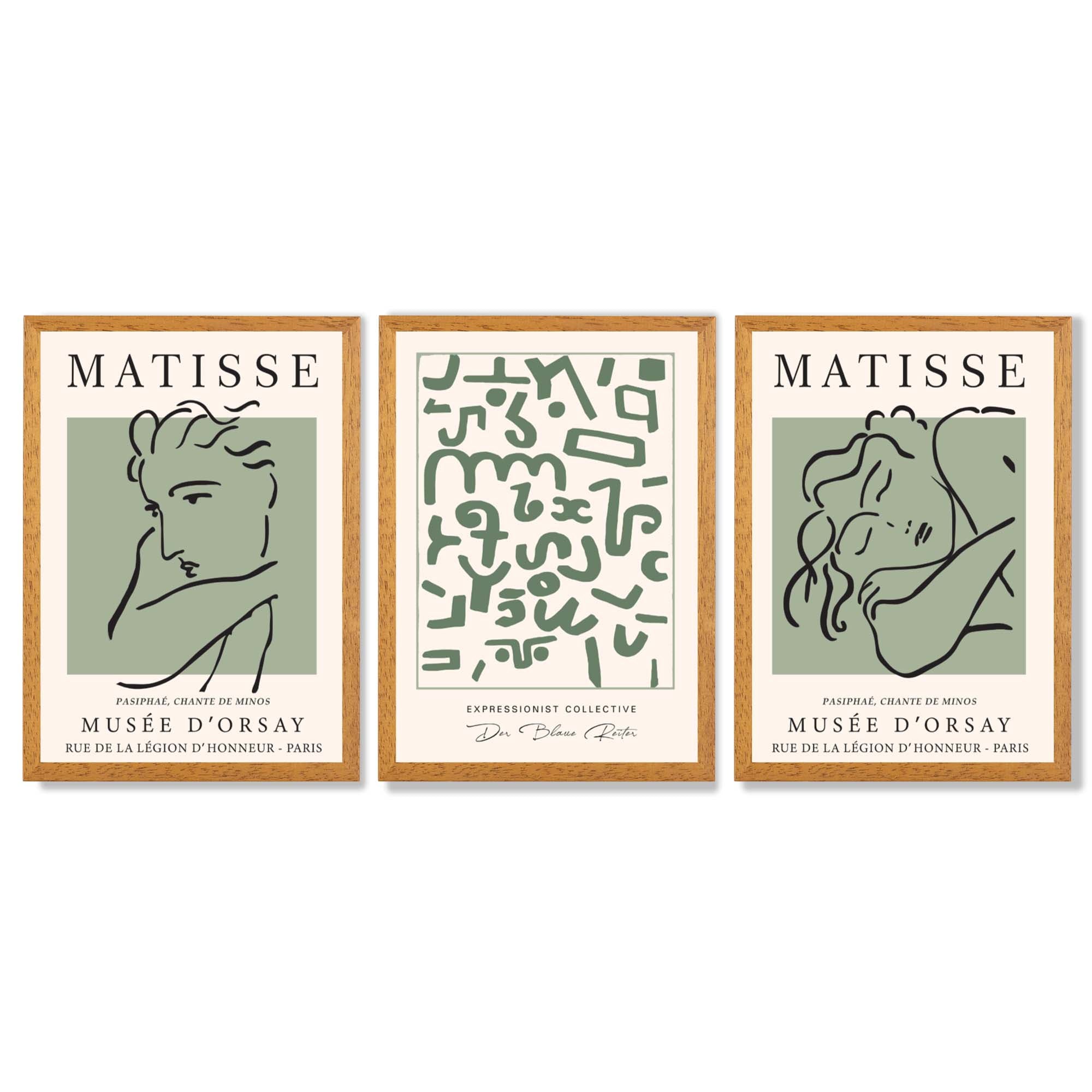 Modern Minimal  Set of 3 Green Abstract Framed Wall Art with Oak Wooden Frames