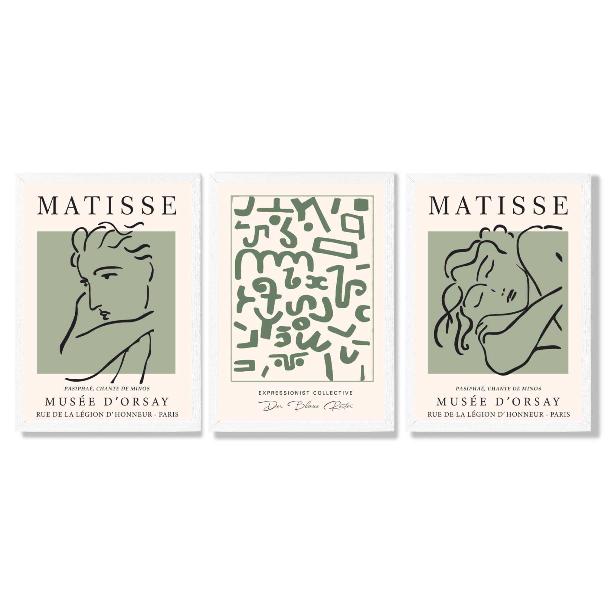 Modern Minimal  Set of 3 Green Abstract Framed Wall Art with White Wooden Frames