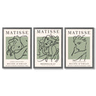 Modern Minimal Set of 3 Green Matisse Bedroom Framed Wall Art with Dark Grey Wooden Frames