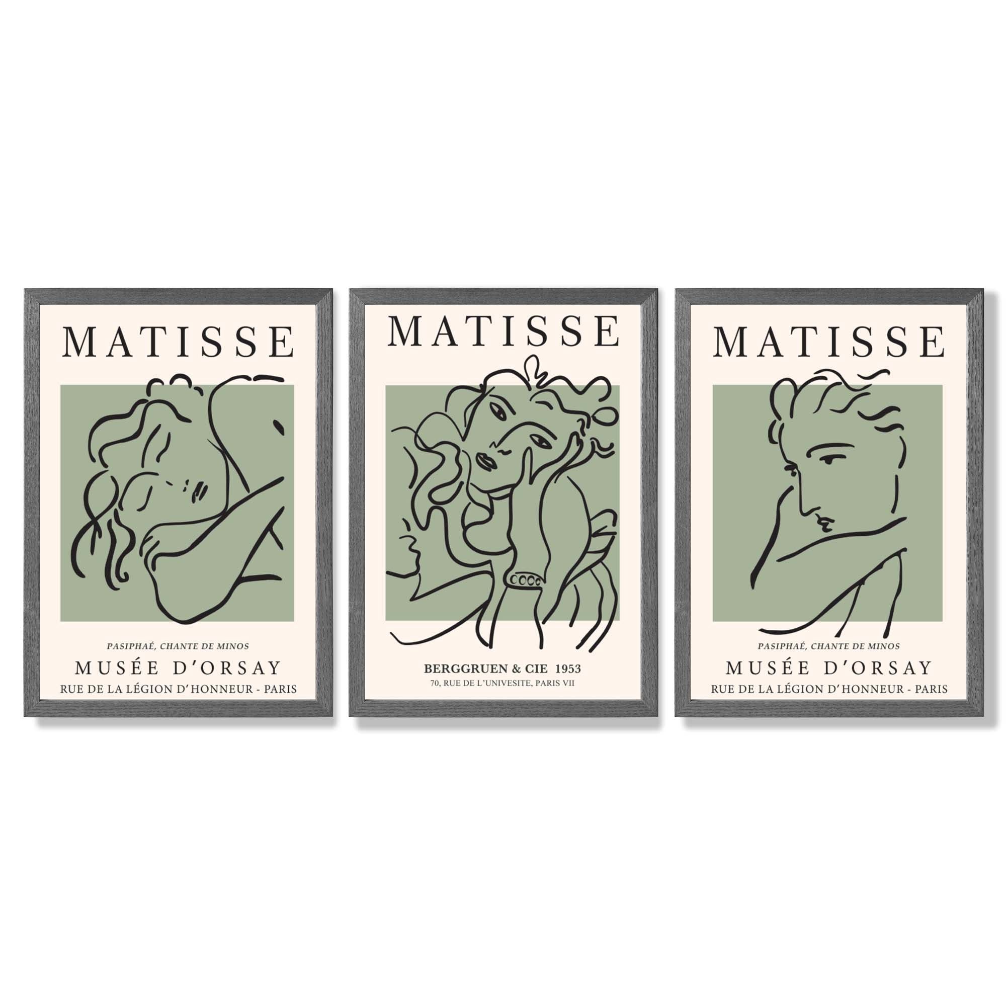 Modern Minimal Set of 3 Green Matisse Bedroom Framed Wall Art with Dark Grey Wooden Frames