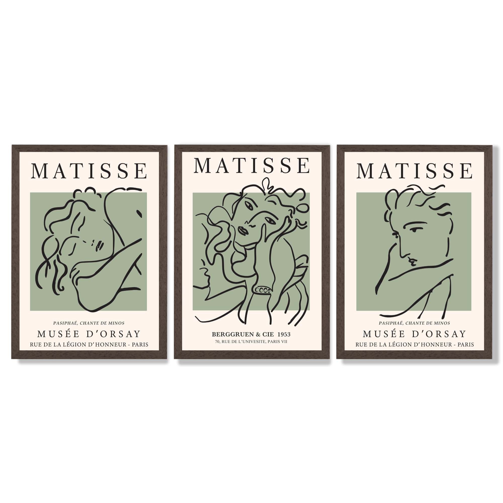 Modern Minimal Set of 3 Green Matisse Bedroom Framed Wall Art with Dark Wood Frames