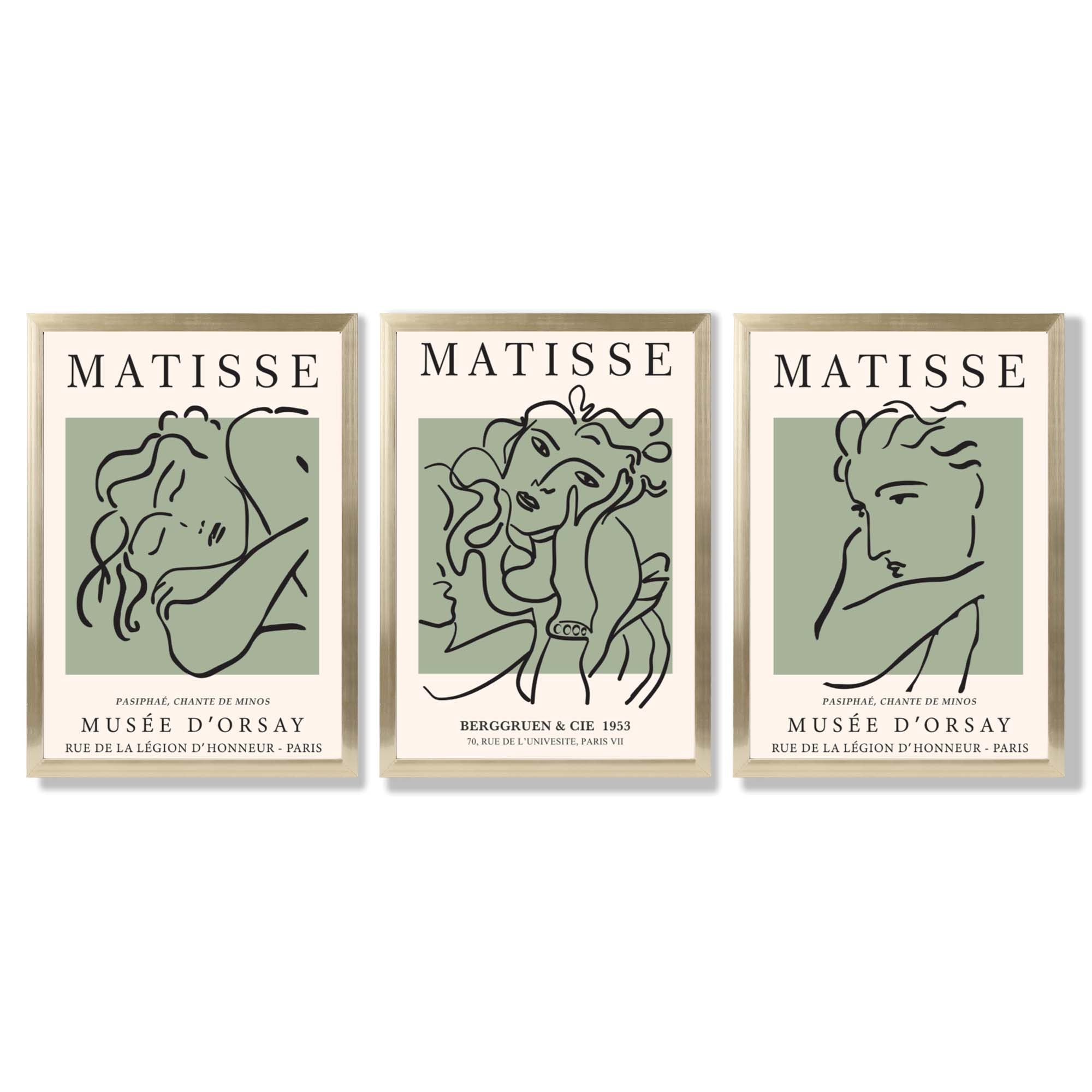 Modern Minimal Set of 3 Green Matisse Bedroom Framed Wall Art with Gold Wood Frames