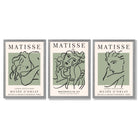Modern Minimal Set of 3 Green Matisse Bedroom Framed Wall Art with Light Grey Wooden Frames