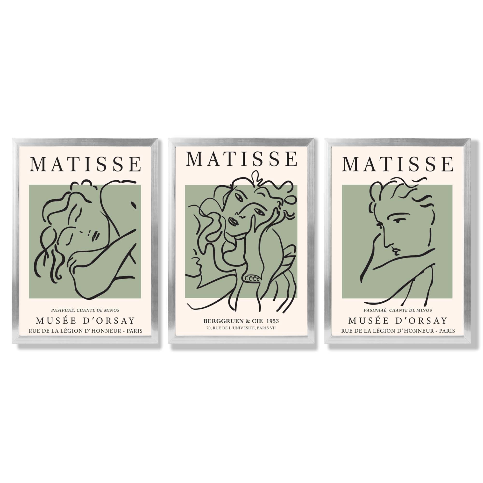 Modern Minimal Set of 3 Green Matisse Bedroom Framed Wall Art with Silver Wood Frames