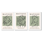 Modern Minimal Set of 3 Green Matisse Bedroom Framed Wall Art with White Wooden Frames