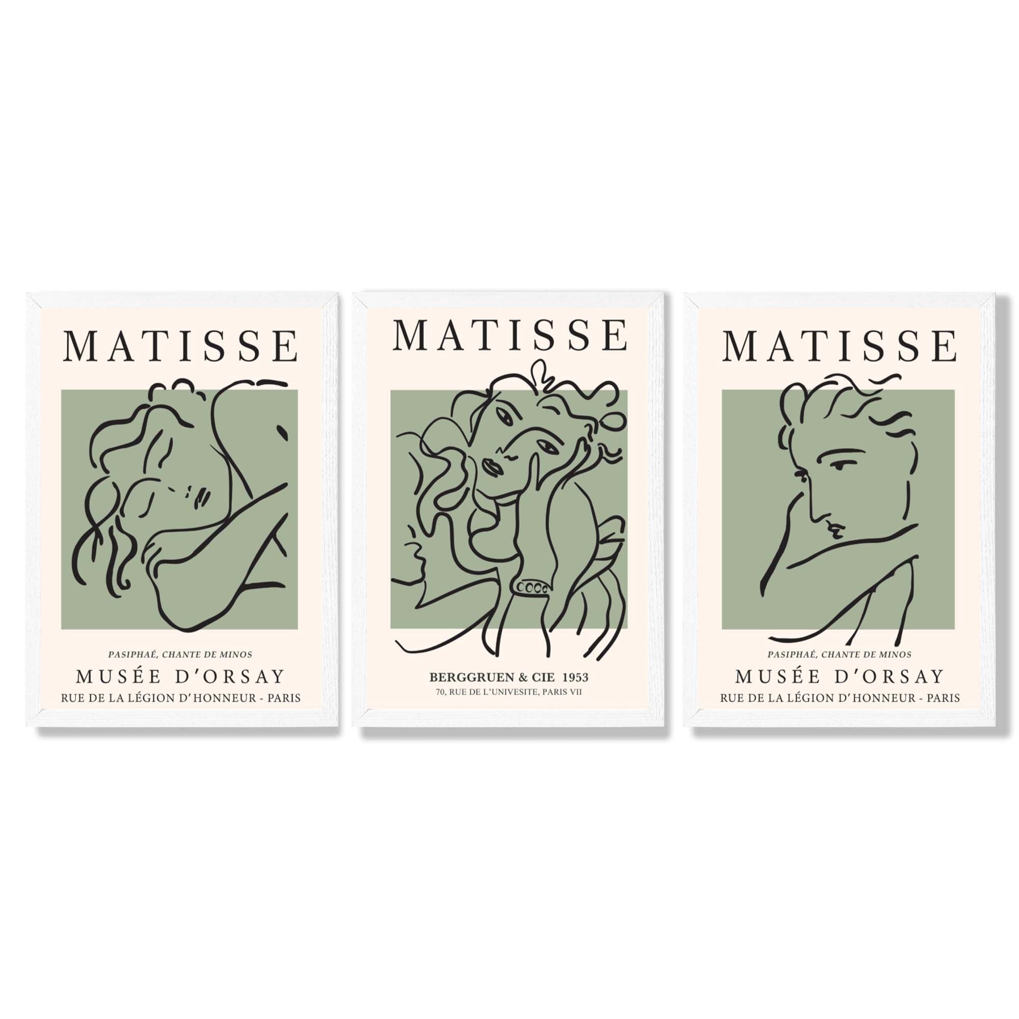 Modern Minimal Set of 3 Green Matisse Bedroom Framed Wall Art with White Wooden Frames