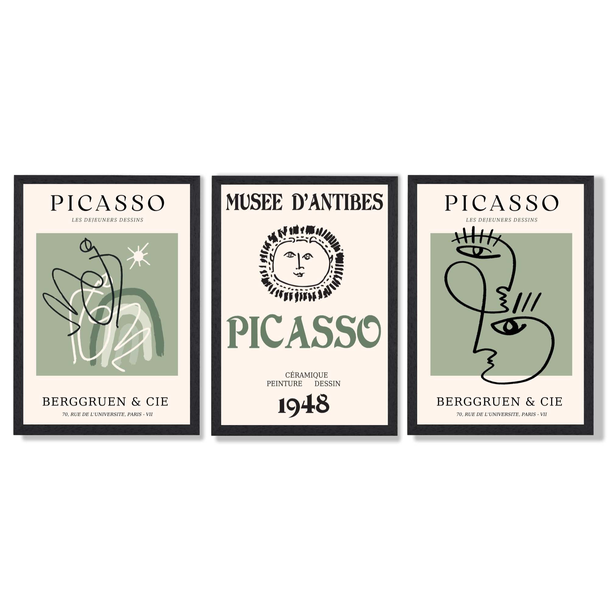 Modern Minimal Picasso Set of 3 Green Art Prints in Black Frames | Artze UK
