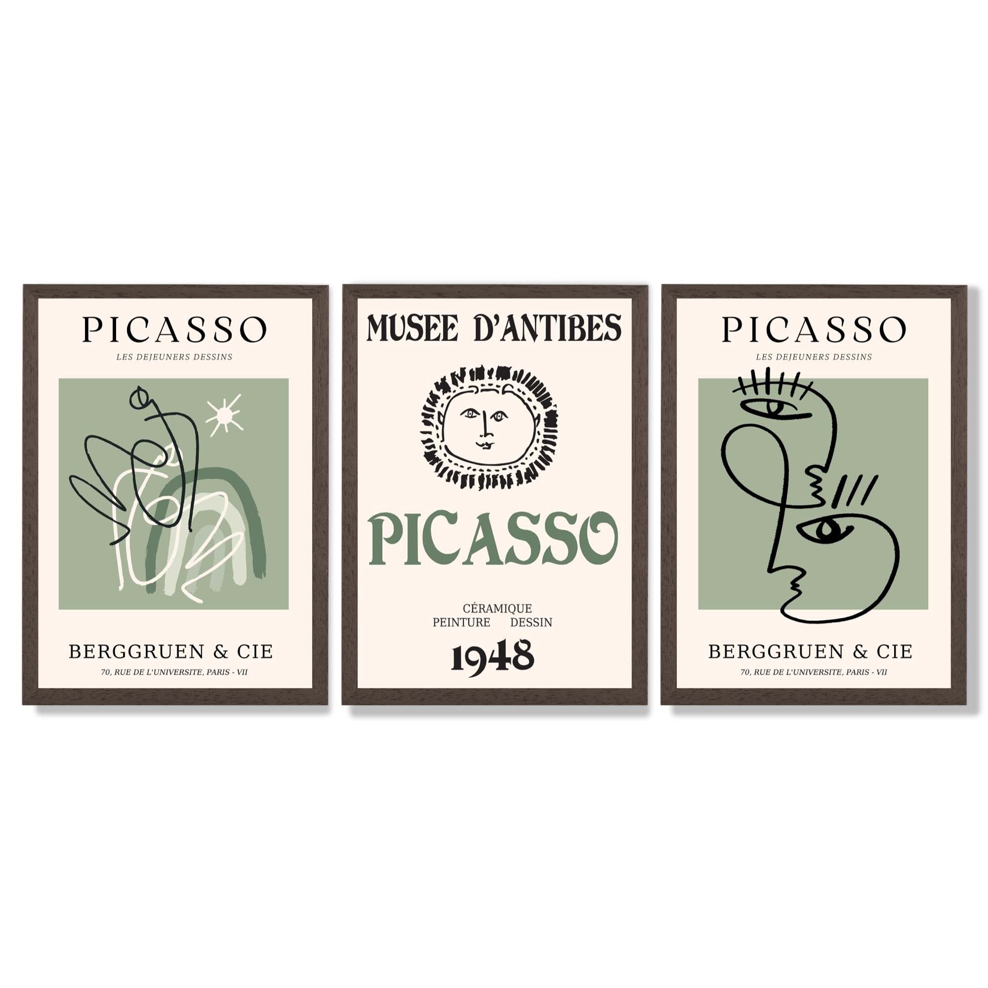 Modern Minimal Picasso Set of 3 Green Framed Wall Art with Dark Wood Frames