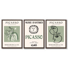 Modern Minimal Picasso Set of 3 Green Framed Wall Art with Dark Wood Frames
