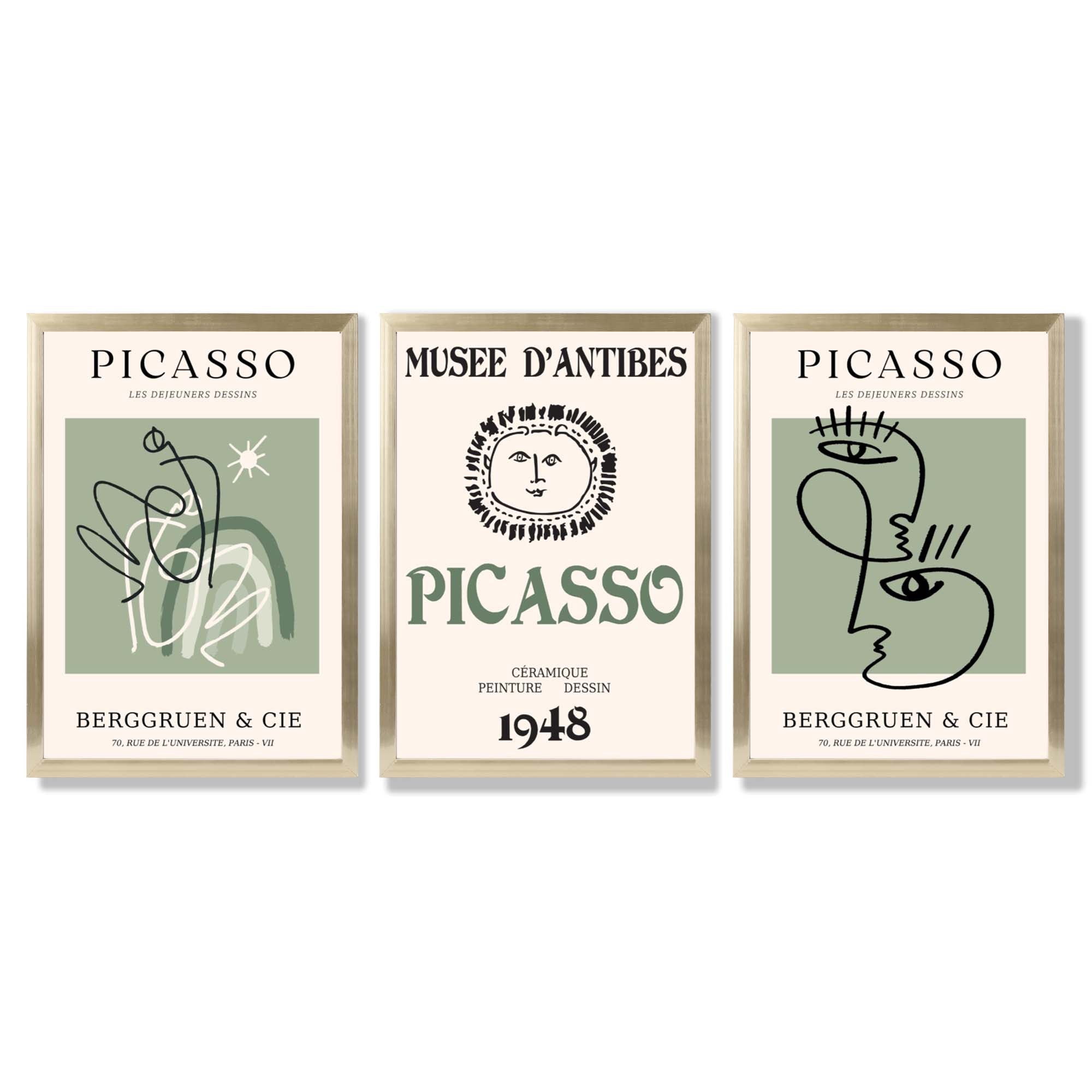 Modern Minimal Picasso Set of 3 Green Framed Wall Art with Gold Wood Frames