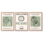 Modern Minimal Picasso Set of 3 Green Framed Wall Art with Light Oak Frames