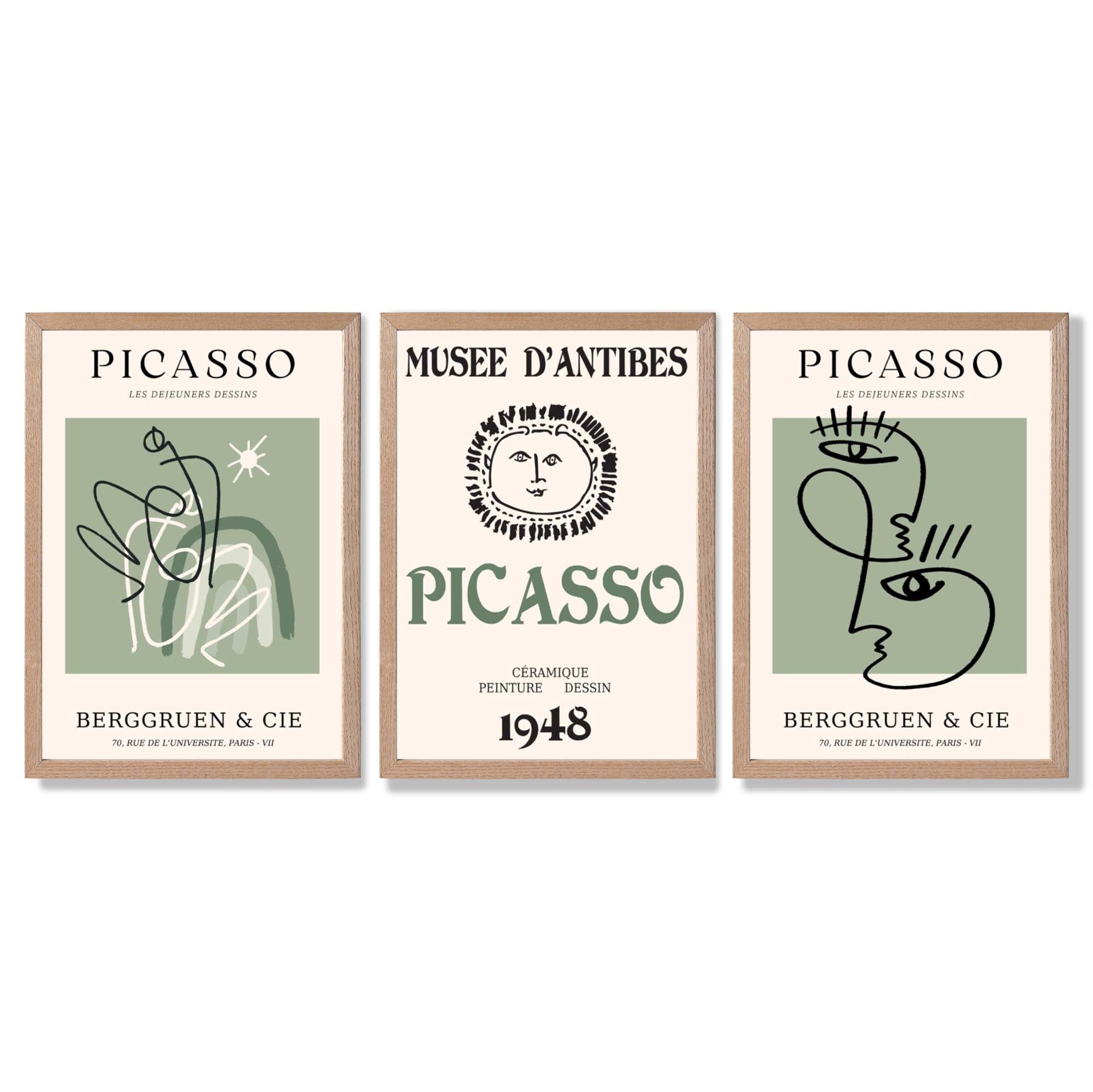 Modern Minimal Picasso Set of 3 Green Framed Wall Art with Light Oak Frames