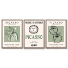 Modern Minimal Picasso Set of 3 Green Framed Wall Art with Light Walnut Frames