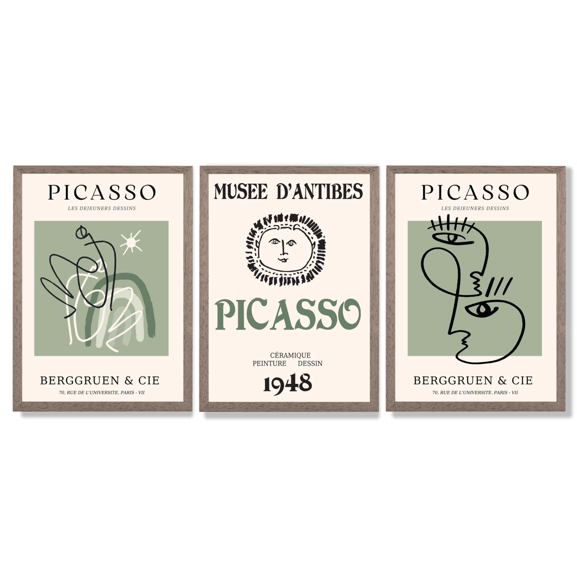 Modern Minimal Picasso Set of 3 Green Framed Wall Art with Light Walnut Frames