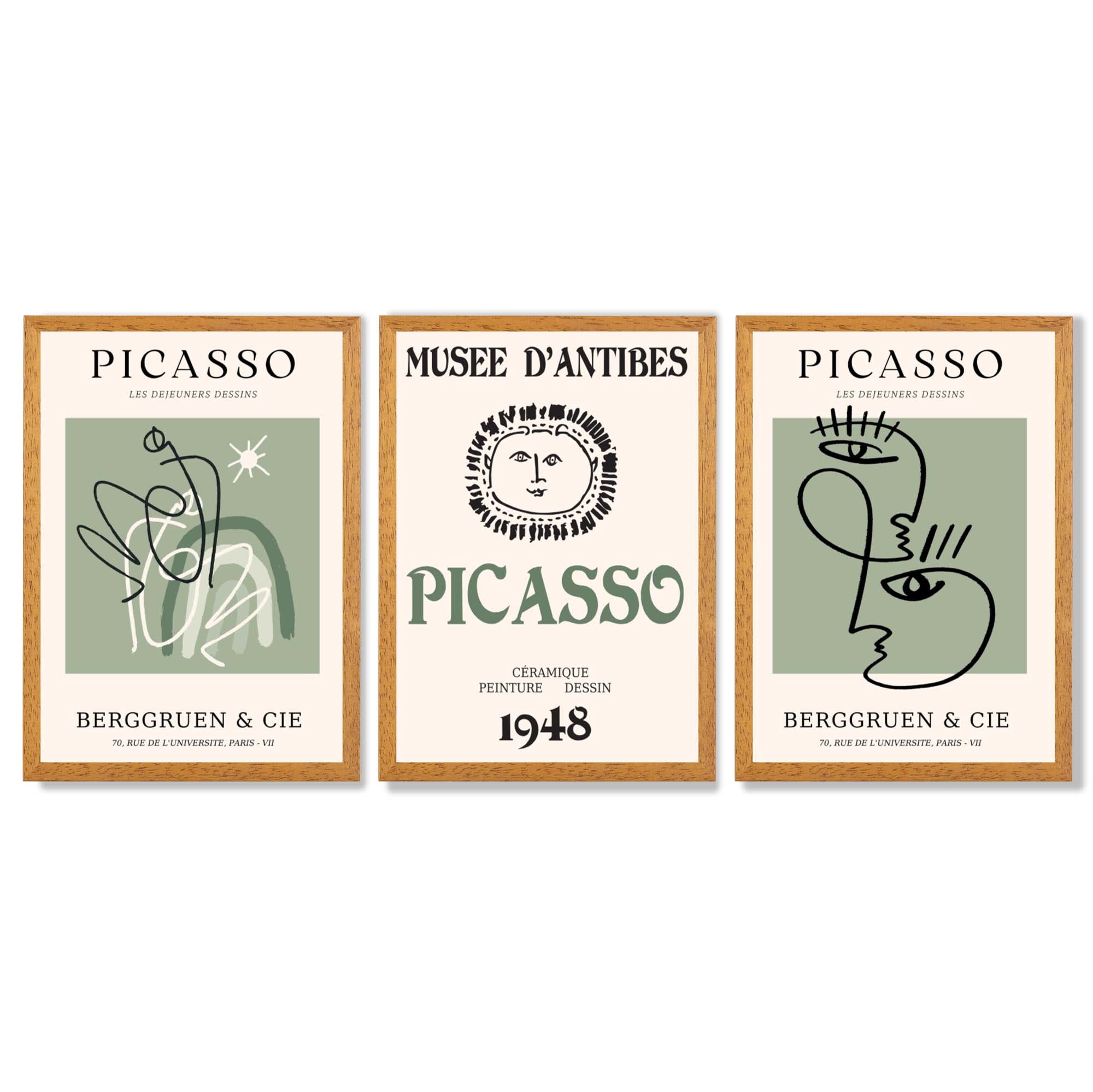 Modern Minimal Picasso Set of 3 Green Framed Wall Art with Oak Wooden Frames