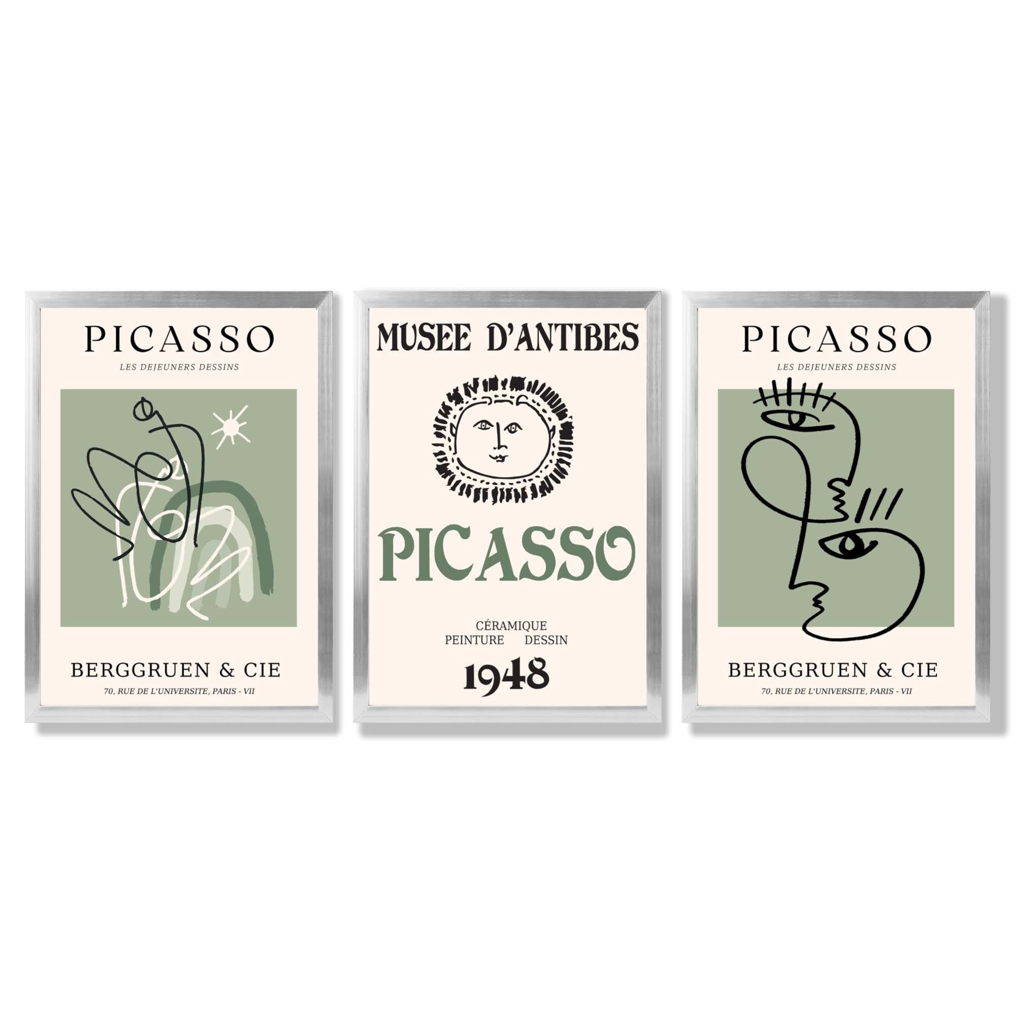 Modern Minimal Picasso Set of 3 Green Framed Wall Art with Silver Wood Frames