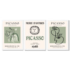 Modern Minimal Picasso Set of 3 Green Framed Wall Art with White Wooden Frames