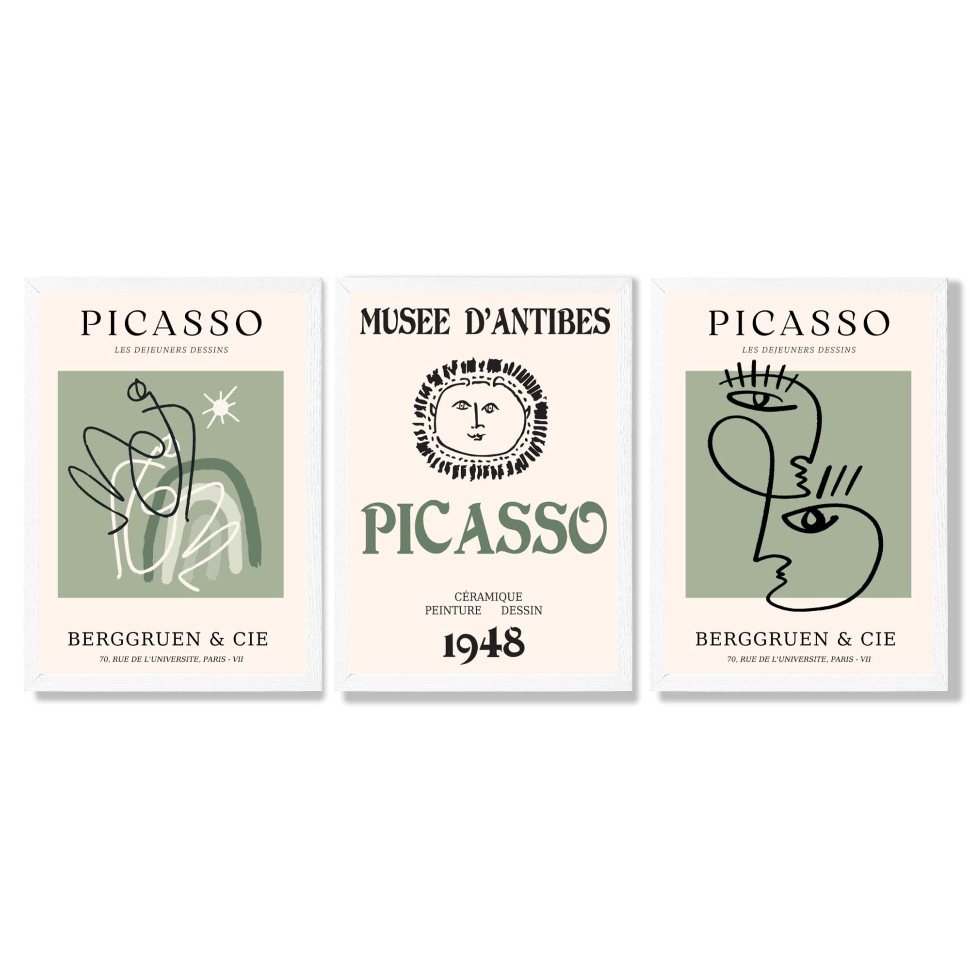 Modern Minimal Picasso Set of 3 Green Framed Wall Art with White Wooden Frames