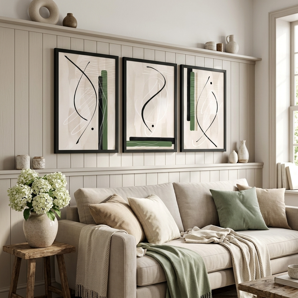 Three framed abstract wall art prints with black and green line art hang above a beige sofa in a bright, modern living room with white paneled walls and neutral decor.