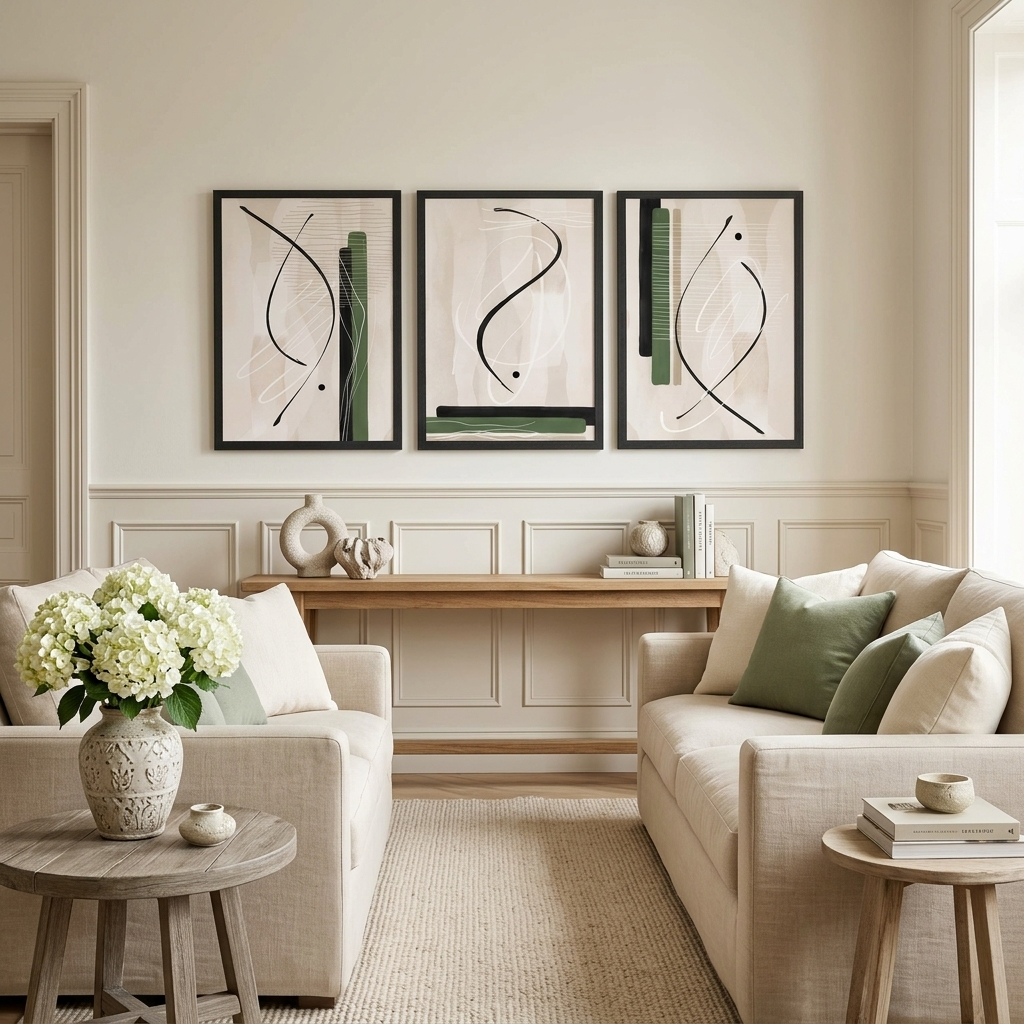 Three framed abstract wall art prints with black and green line art hang above a console table in a bright, modern living room with beige sofas and green pillows.