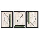 Japandi Minimal Set of 3 Beige with Green Framed Wall Art with Black Wooden Frames
