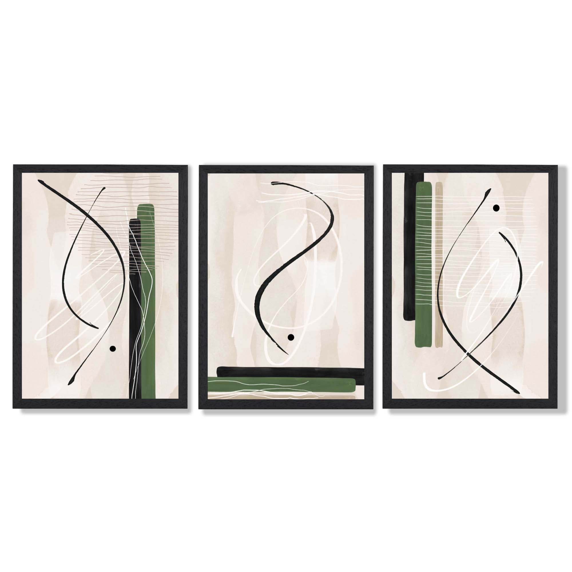 Japandi Minimal Set of 3 Beige with Green Framed Wall Art with Black Wooden Frames