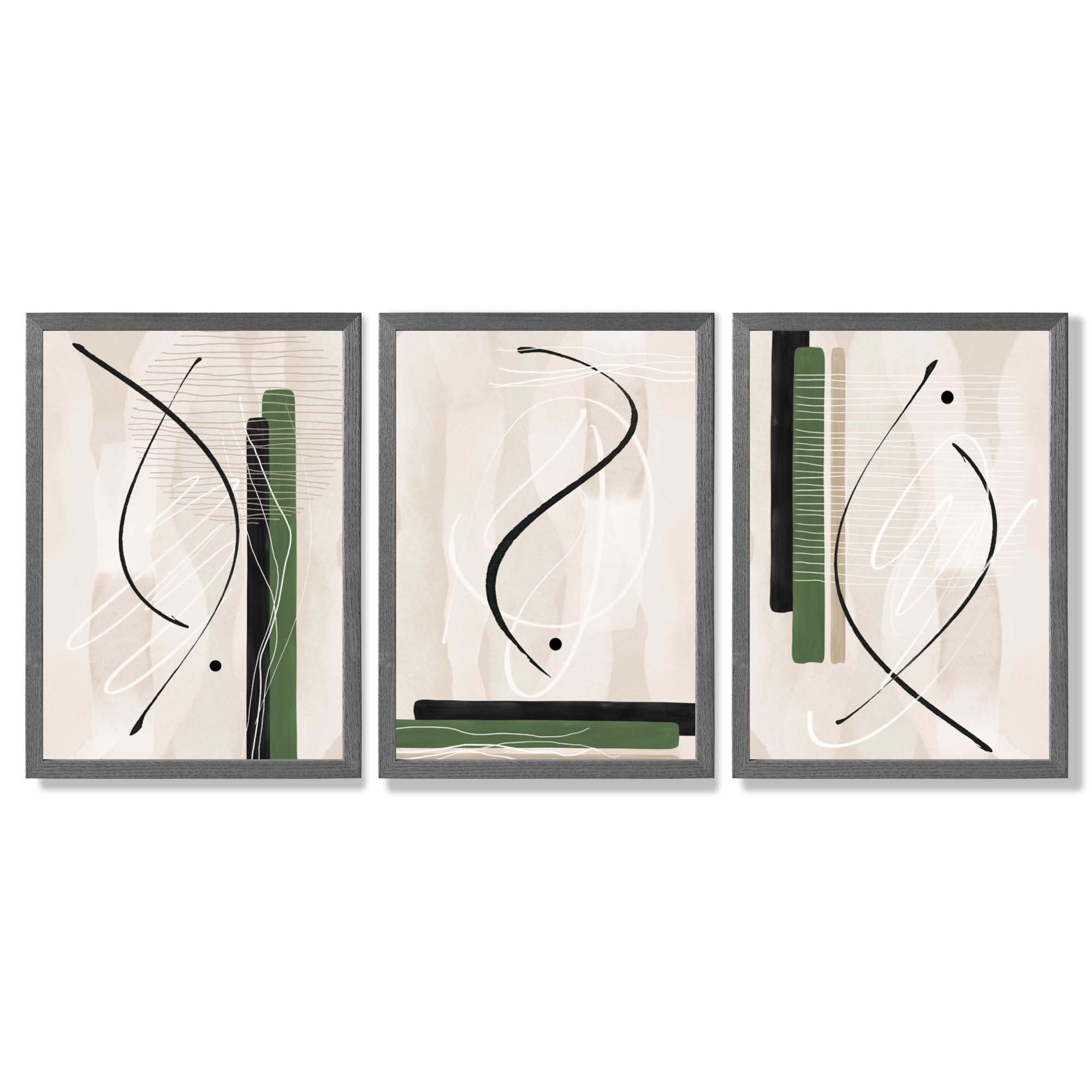 Japandi Minimal Set of 3 Beige with Green Framed Wall Art with Dark Grey Wooden Frames