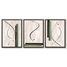 Japandi Minimal Set of 3 Beige with Green Framed Wall Art with Dark Wood Frames