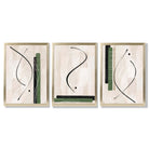 Japandi Minimal Set of 3 Beige with Green Framed Wall Art with Gold Wood Frames