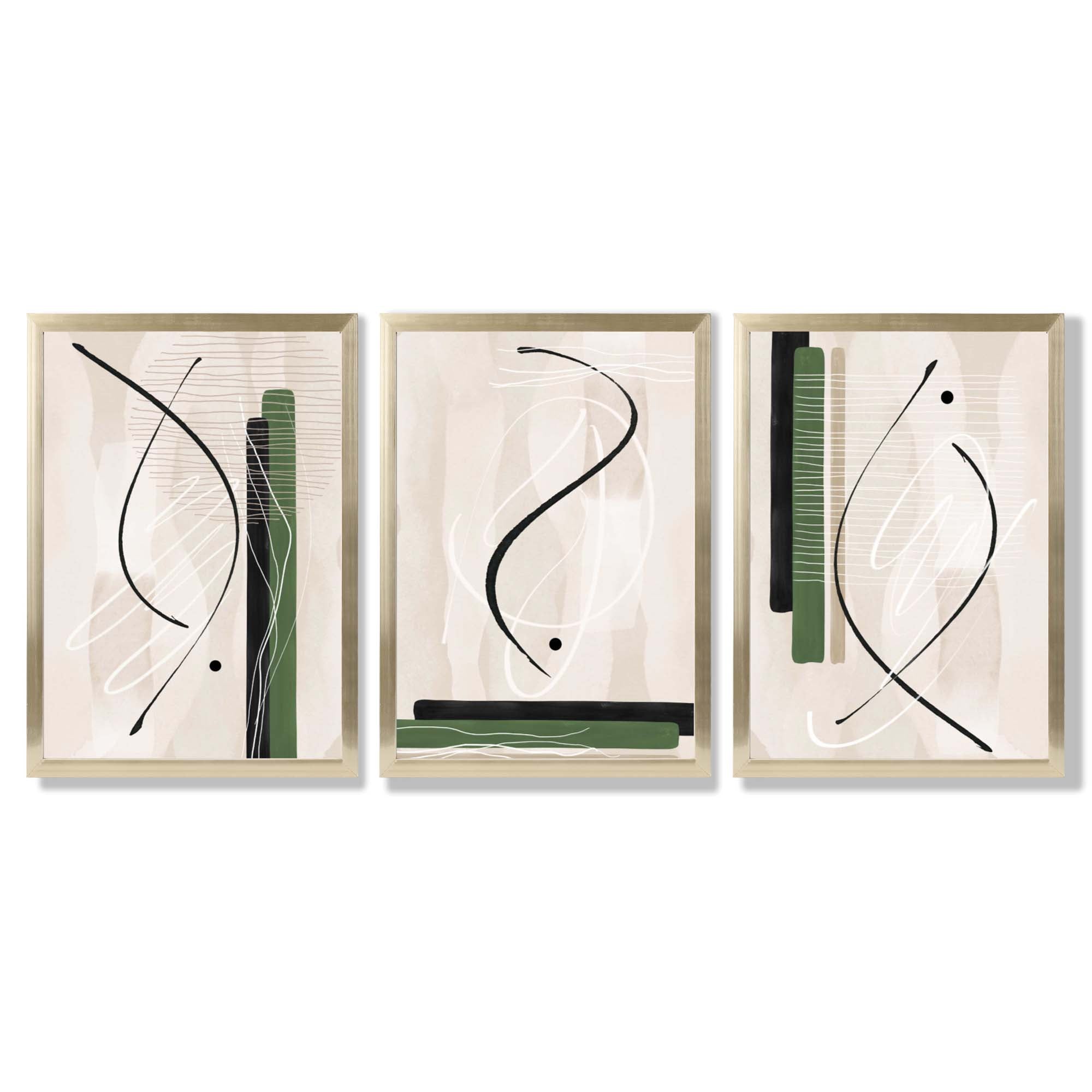 Japandi Minimal Set of 3 Beige with Green Framed Wall Art with Gold Wood Frames
