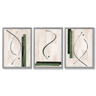 Japandi Minimal Set of 3 Beige with Green Framed Wall Art with Light Grey Wooden Frames