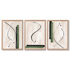 Japandi Minimal Set of 3 Beige with Green Framed Wall Art with Light Oak Frames