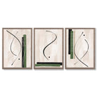 Japandi Minimal Set of 3 Beige with Green Framed Wall Art with Light Walnut Frames