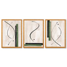 Japandi Minimal Set of 3 Beige with Green Framed Wall Art with Oak Wooden Frames