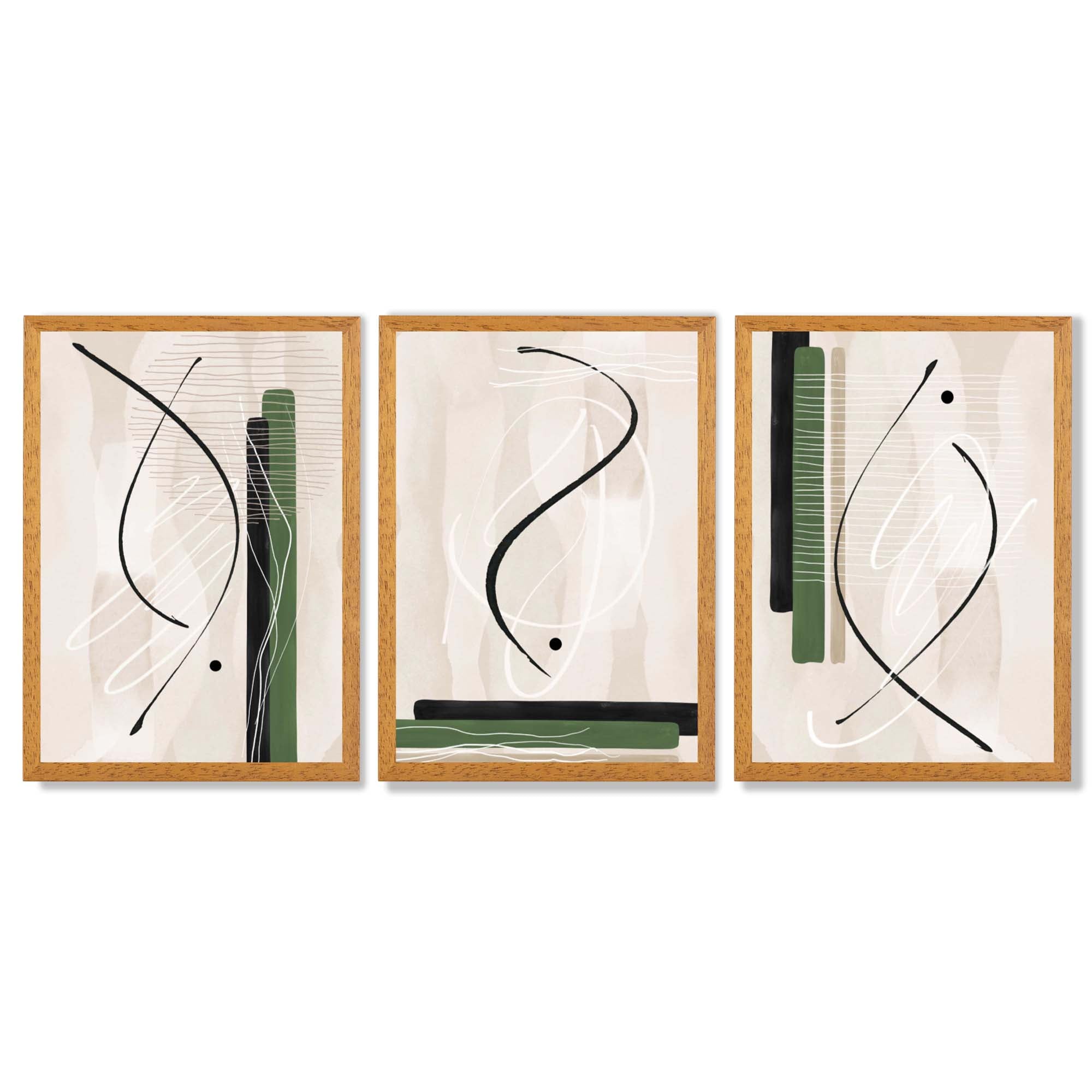 Japandi Minimal Set of 3 Beige with Green Framed Wall Art with Oak Wooden Frames