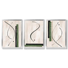 Japandi Minimal Set of 3 Beige with Green Framed Wall Art with Silver Wood Frames