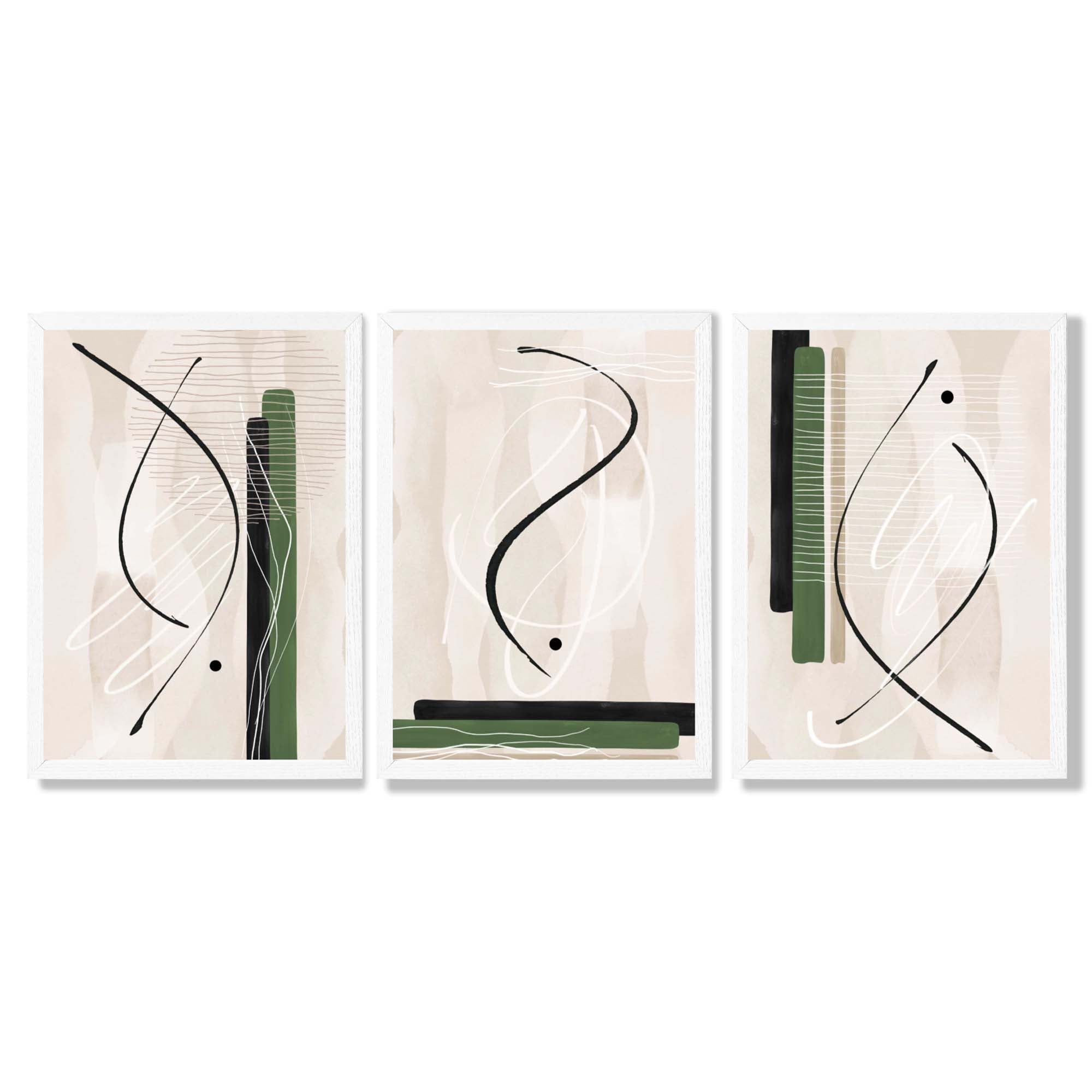 Japandi Minimal Set of 3 Beige with Green Framed Wall Art with White Wooden Frames