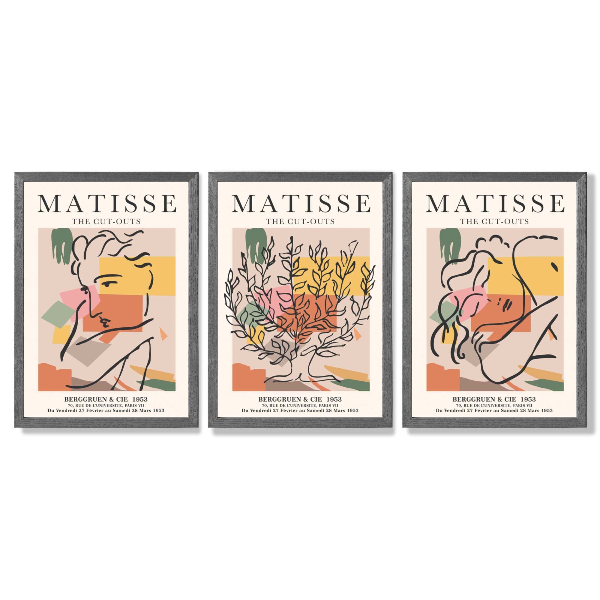 Matisse Boho Set of 3 Colourful Still Life Framed Wall Art with Dark Grey Wooden Frames